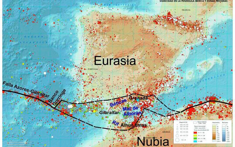 Límite de placas entre Eurasia y Nubia sobre el mapa de sismicidad de la Península Ibérica y zonas adyacentes. El mapa base de sismicidad es del Instituto Geográfico Nacional (www.ign.es)