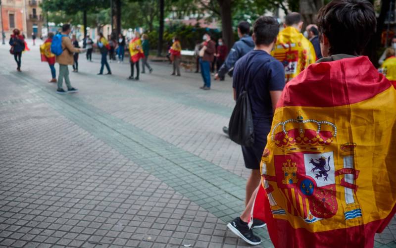 Varias personas asisten con banderas de España a la manifestación contra la gestión del Gobierno. / EP