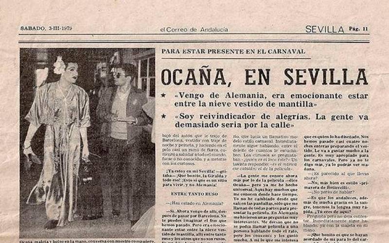 1979. El Correo de Andalucía se hace eco del primer carnaval sevillano con Ocaña como reina. https://www.unarchivotransfeministaandaluz.com/carnavalsev-1979 