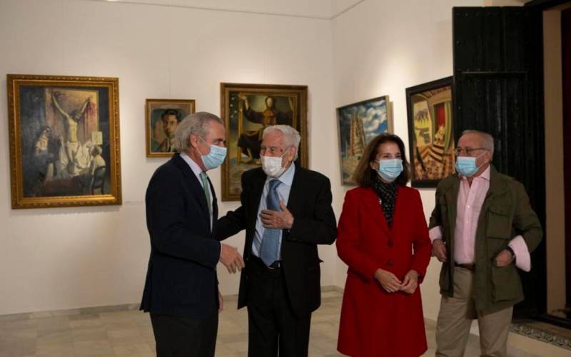 Foto de la inauguración: el autor, la presidenta de la R.A. de Bellas Artes Dª Isabel León, D. Manuel Sánchez Arcenegui y Juan Cordero Magariños.