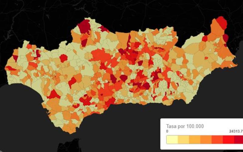 Mapa de casos por coronavirus en Andalucia por municipios (al final del artículo). / EPData