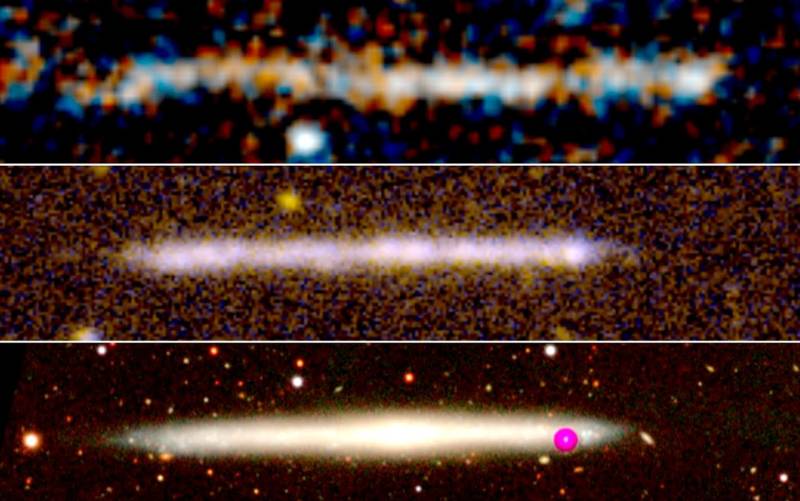 Arriba: Imagen del objeto observado con el telescopio espacial Hubble. Muestra la emision en la parte ultravioleta del espectro. En medio: Imagen en el ultravioleta de una galaxia local sin bulbo y observada de canto (IC 5249). Las similitudes son evidentes. Abajo: La misma galaxia IC 5249 observada en la parte visible del espectro. / HST