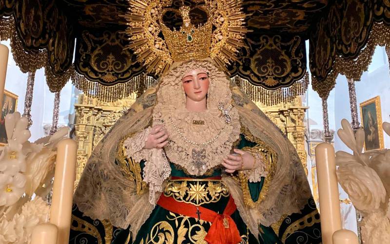 La Virgen de la Sangre, una imagen anónima de finales del siglo XVIII, en su paso de palio el pasado Jueves Santo (Foto: Hermandad de la Vera-Cruz de Gerena)