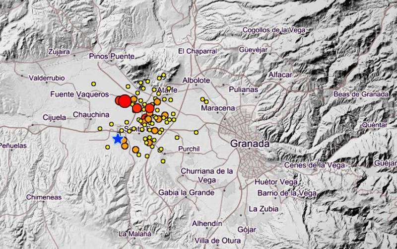 Imagen de la zona de Granada con continuos movimientos sísmicos estos días. / IGN