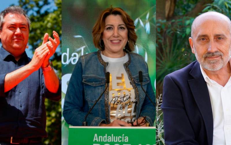 01-06-2021 Los tres candidatos que disputarán las primarias en el PSOE andaluz de izda a dcha, Juan Espadas, Susana Díaz y Luis Ángel Hierro. / E.P.