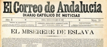 Portada histórica de El Correo, del 12 de abril de 1900, en el que daba cuenta del ‘Miserere’ de Eslava. / El Correo